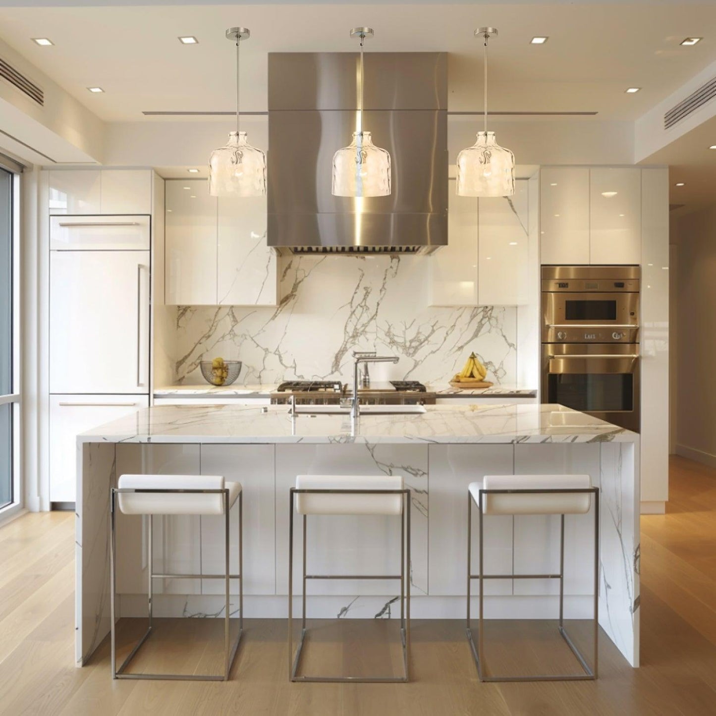 Kara Farmhouse 1-Light Textured Glass Nickel Island Pendant Light