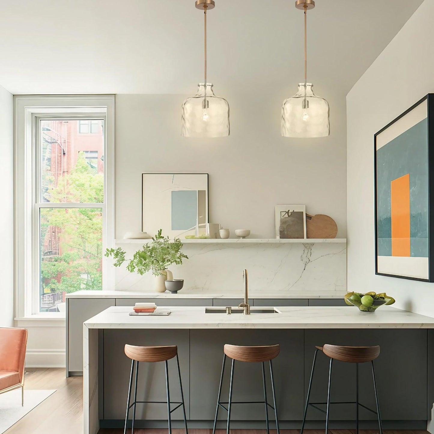 Kara Farmhouse 1-Light Textured Glass Nickel Island Pendant Light
