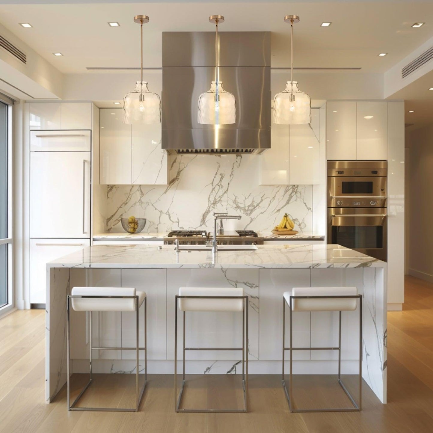 Kara Farmhouse 1-Light Textured Glass Nickel Island Pendant Light